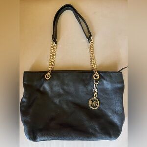 Michael Kors Black Grain Leather Shoulder Bag with Gold Chain